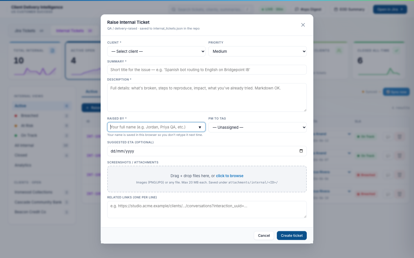 Raise internal ticket modal